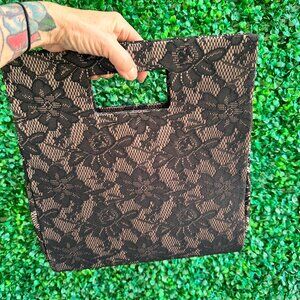 Black lace top handle tote bag